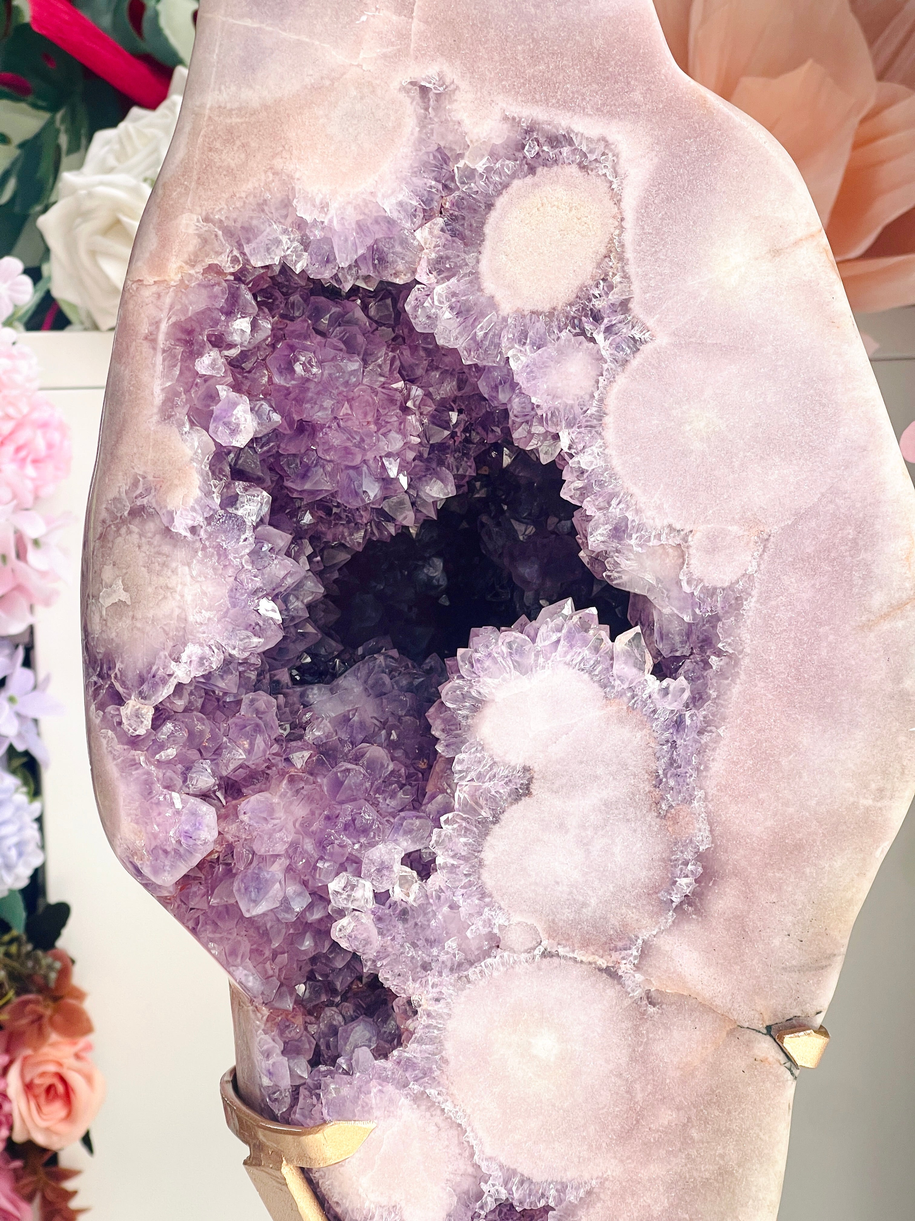 Extra-Large Pink Amethyst Freeform with Deep Purple Druzy | Display Piece on Brass Stand