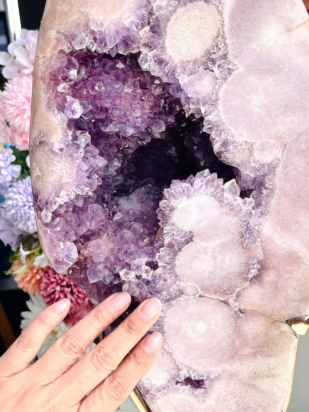 Extra-Large Pink Amethyst Freeform with Deep Purple Druzy | Display Piece on Brass Stand