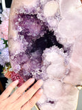 Extra-Large Pink Amethyst Freeform with Deep Purple Druzy | Display Piece on Brass Stand