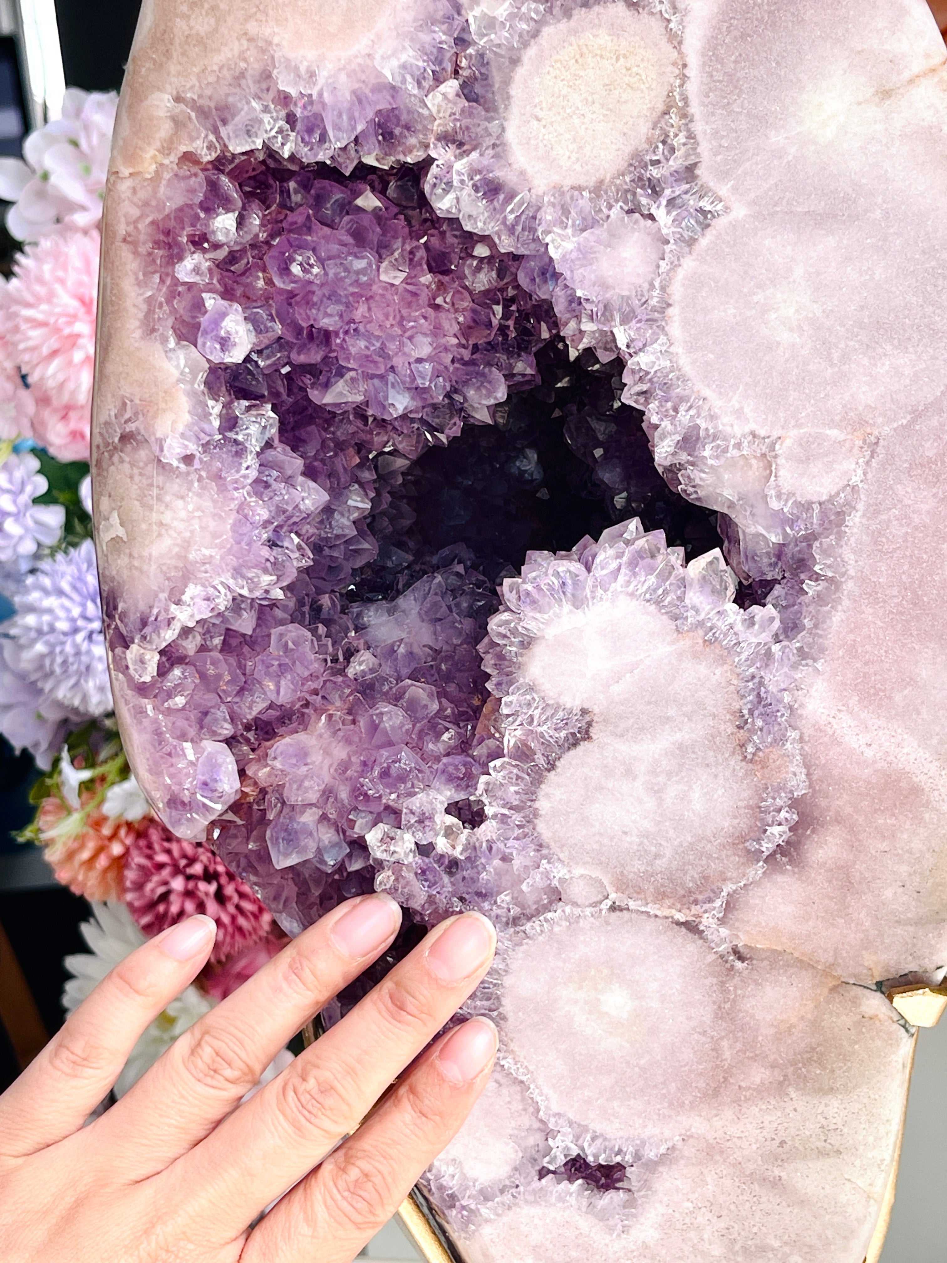 Extra-Large Pink Amethyst Freeform with Deep Purple Druzy | Display Piece on Brass Stand