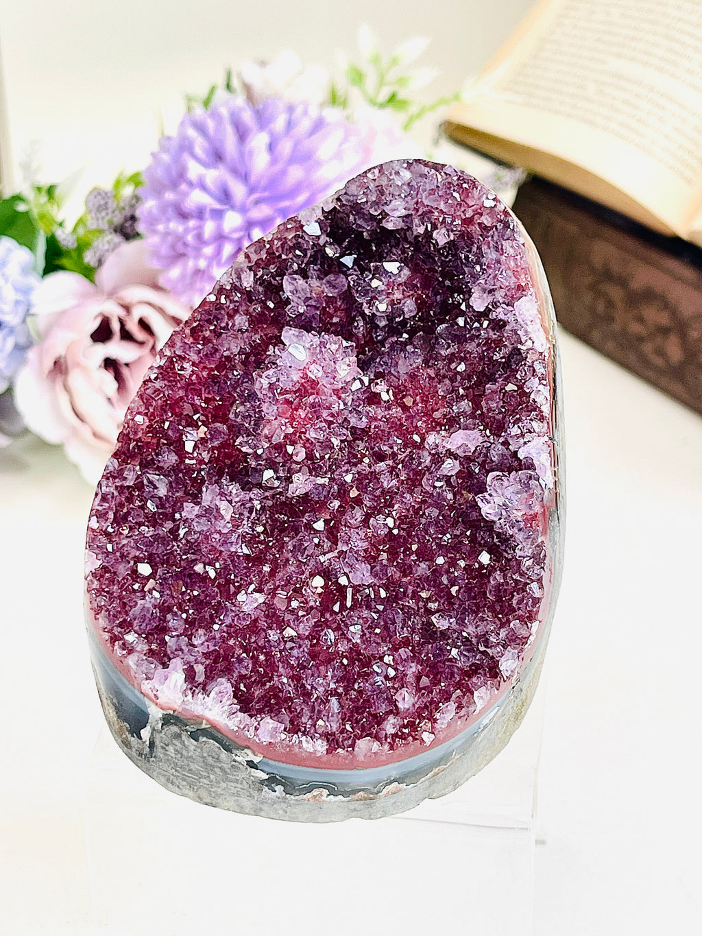 Red sugar amethyst druzy specimen with deep burgundy-red and violet crystal points, freestanding on acrylic base — 646g, Frederico Westphalen, Brazil