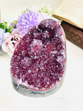 Red sugar amethyst druzy specimen with deep burgundy-red and violet crystal points, freestanding on acrylic base — 646g, Frederico Westphalen, Brazil