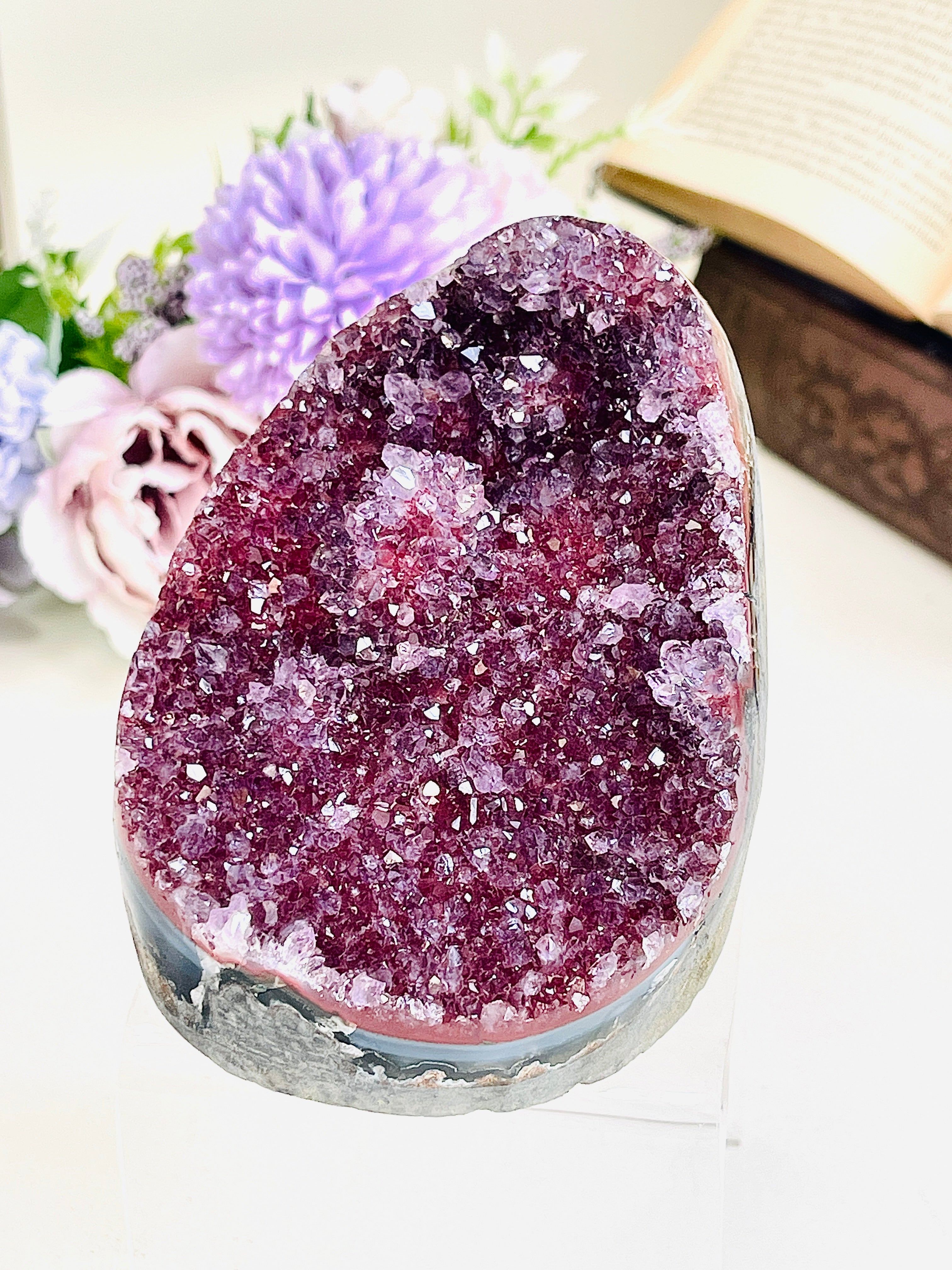 Red sugar amethyst druzy specimen with deep burgundy-red and violet crystal points, freestanding on acrylic base — 646g, Frederico Westphalen, Brazil