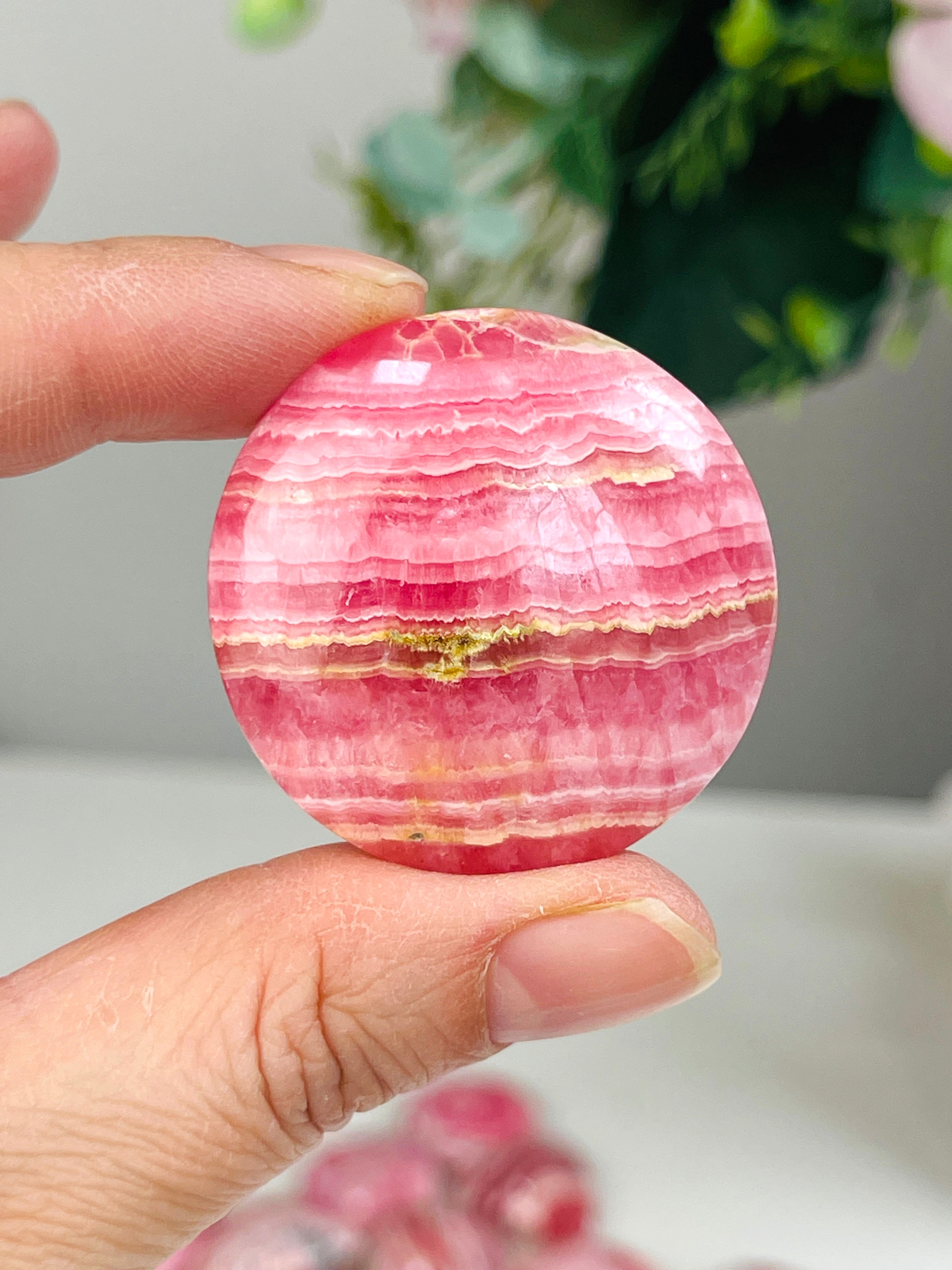 Rare Rhodochrosite Mini Palmstone (Round) – Argentine Pink Banded Crystal Pocket Stone 6