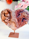 Large Brazilian Pink Amethyst Druzy Heart with Stand