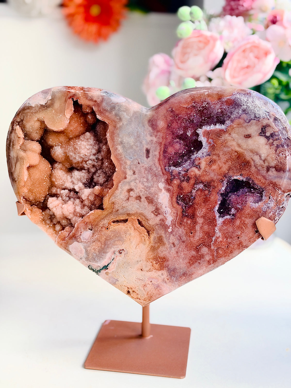 Large Brazilian Pink Amethyst Druzy Heart with Stand