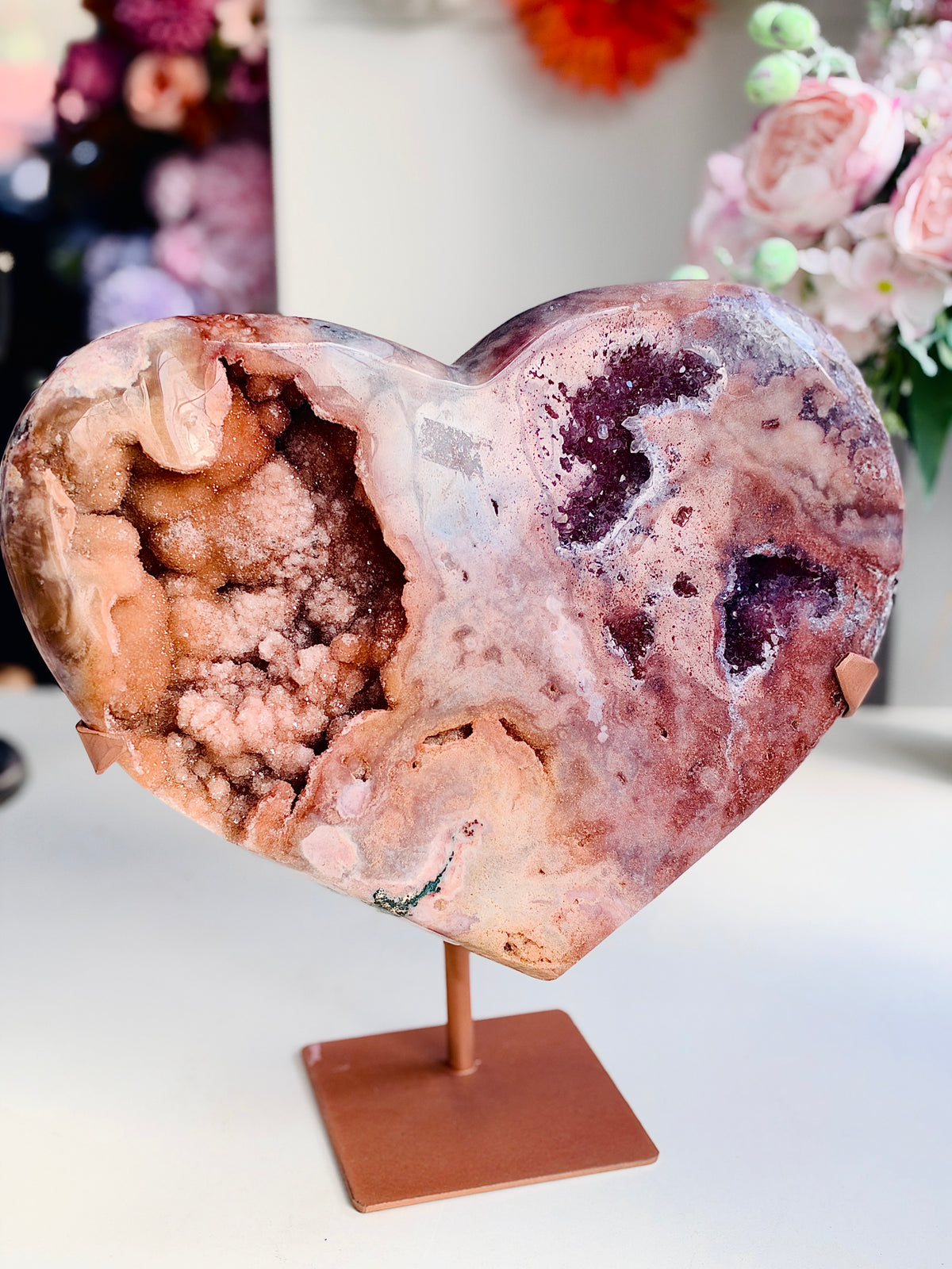 Large Brazilian Pink Amethyst Druzy Heart with Stand