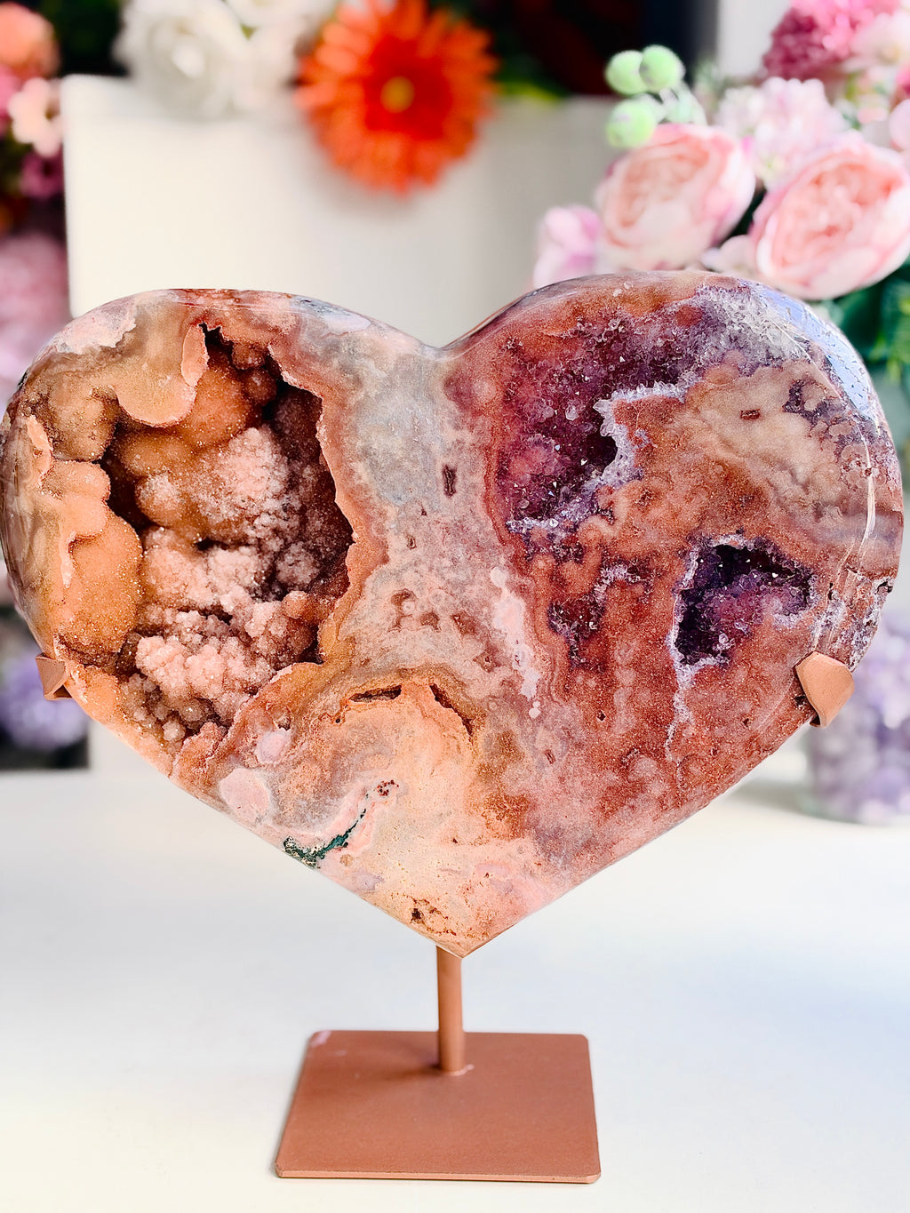 Large Brazilian Pink Amethyst Druzy Heart with Stand