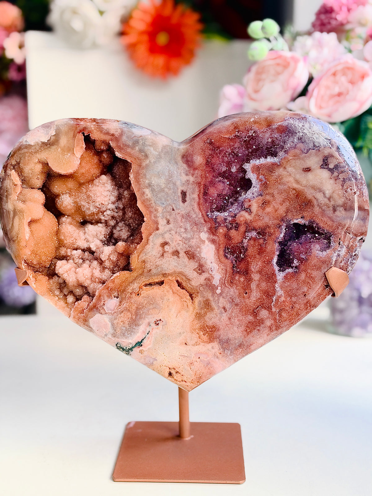 Large Brazilian Pink Amethyst Druzy Heart with Stand