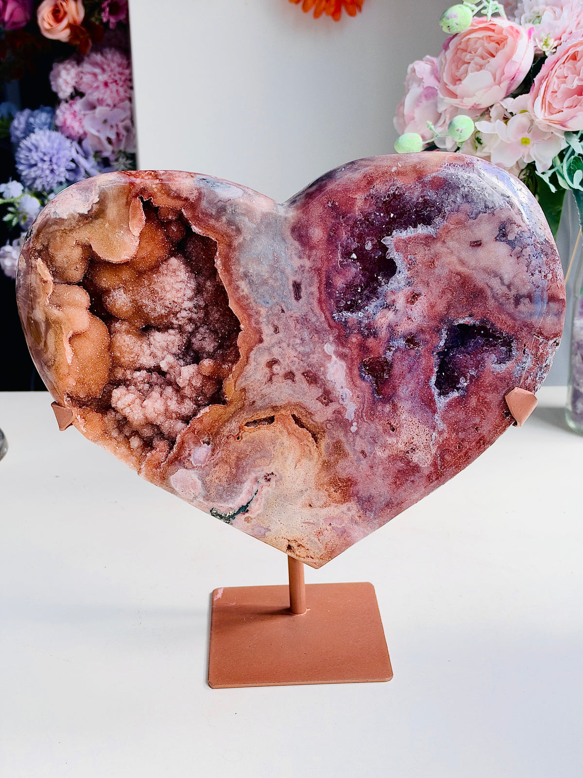 Large Brazilian Pink Amethyst Druzy Heart with Stand