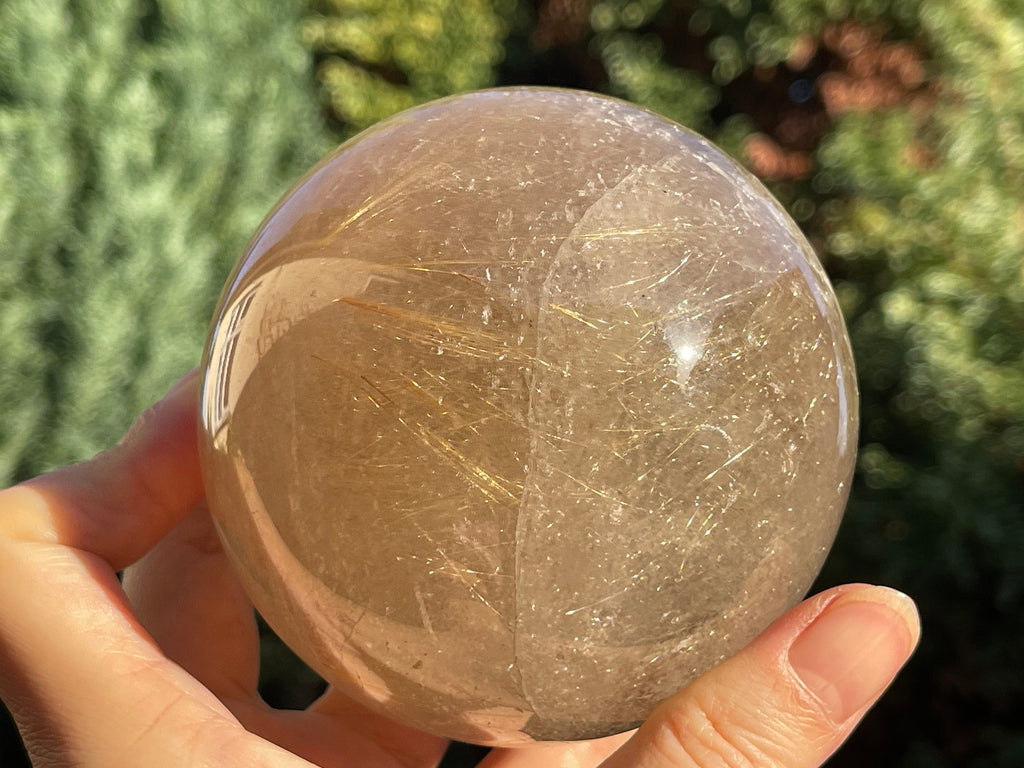 Natural Rutilated Smoky Quartz Sphere, 800g High Grade Golden Rutile Rutilated Smokey Quartz with Phantoms , Rare Crystals, Crystal Gift