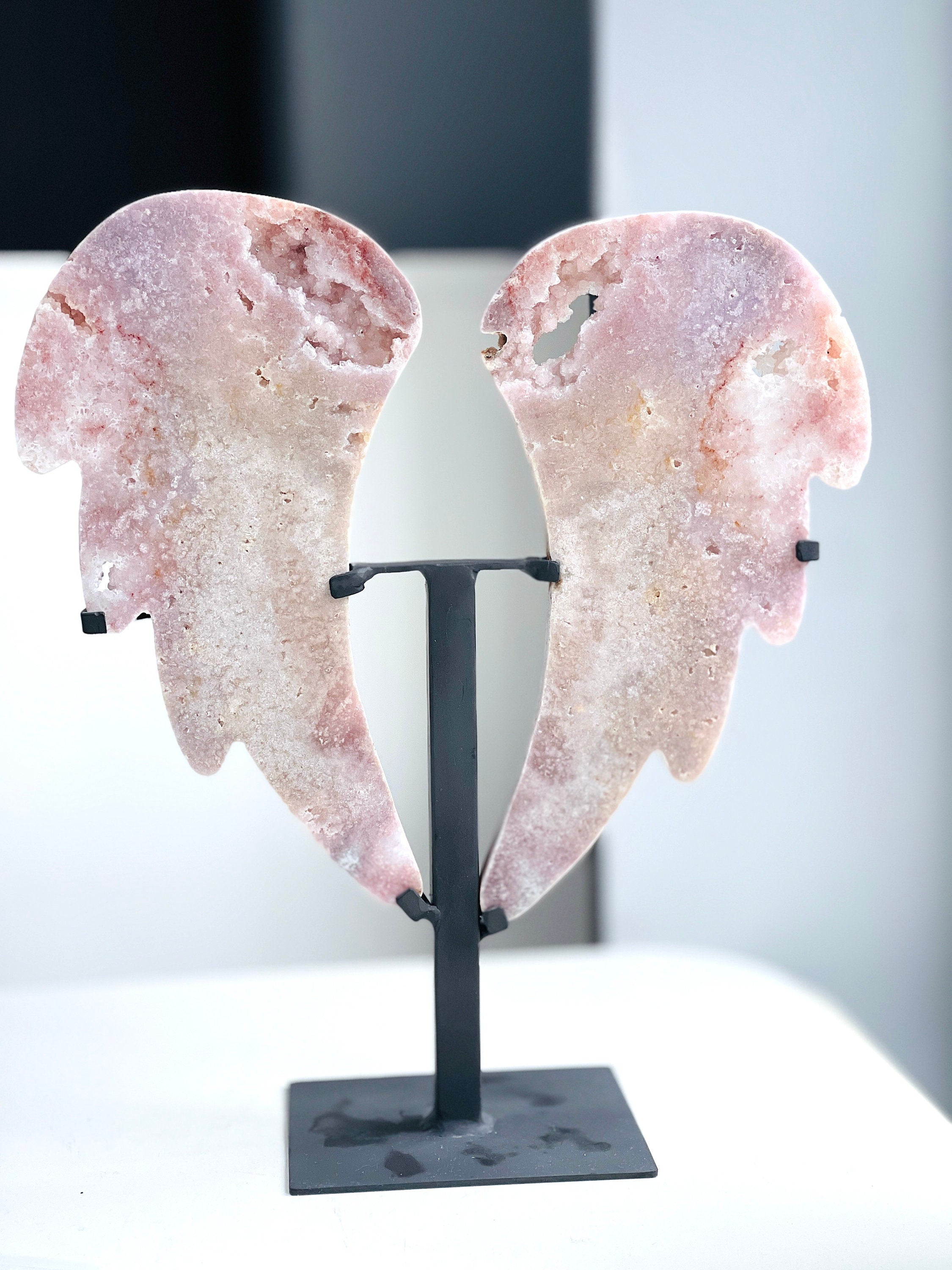 Pink Amethyst Angel Wings on Stand | Druzy Slab | Crystal Gift & Home Décor