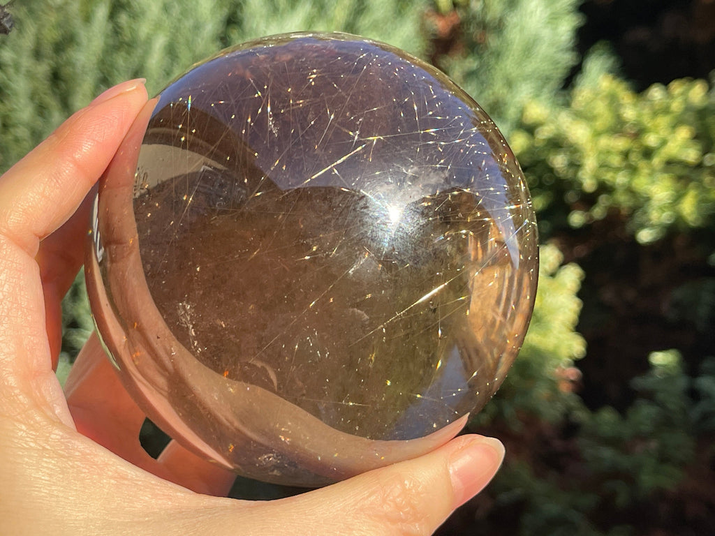 Natural Rutilated Smoky Quartz Sphere, High Grade Golden Rutile Rutilated Smokey Quartz with Phantoms , Rare Crystals, Crystal Gift