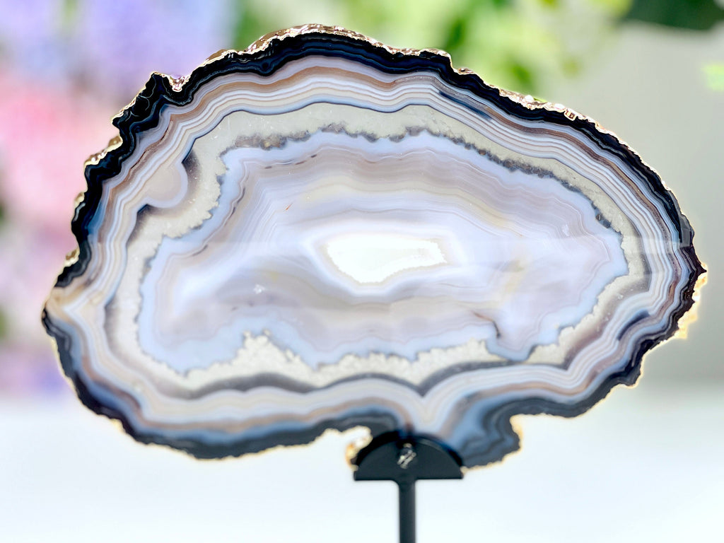 Premium Quality Brazilian Agate Slice on metal stand, Unique Crystal Gift