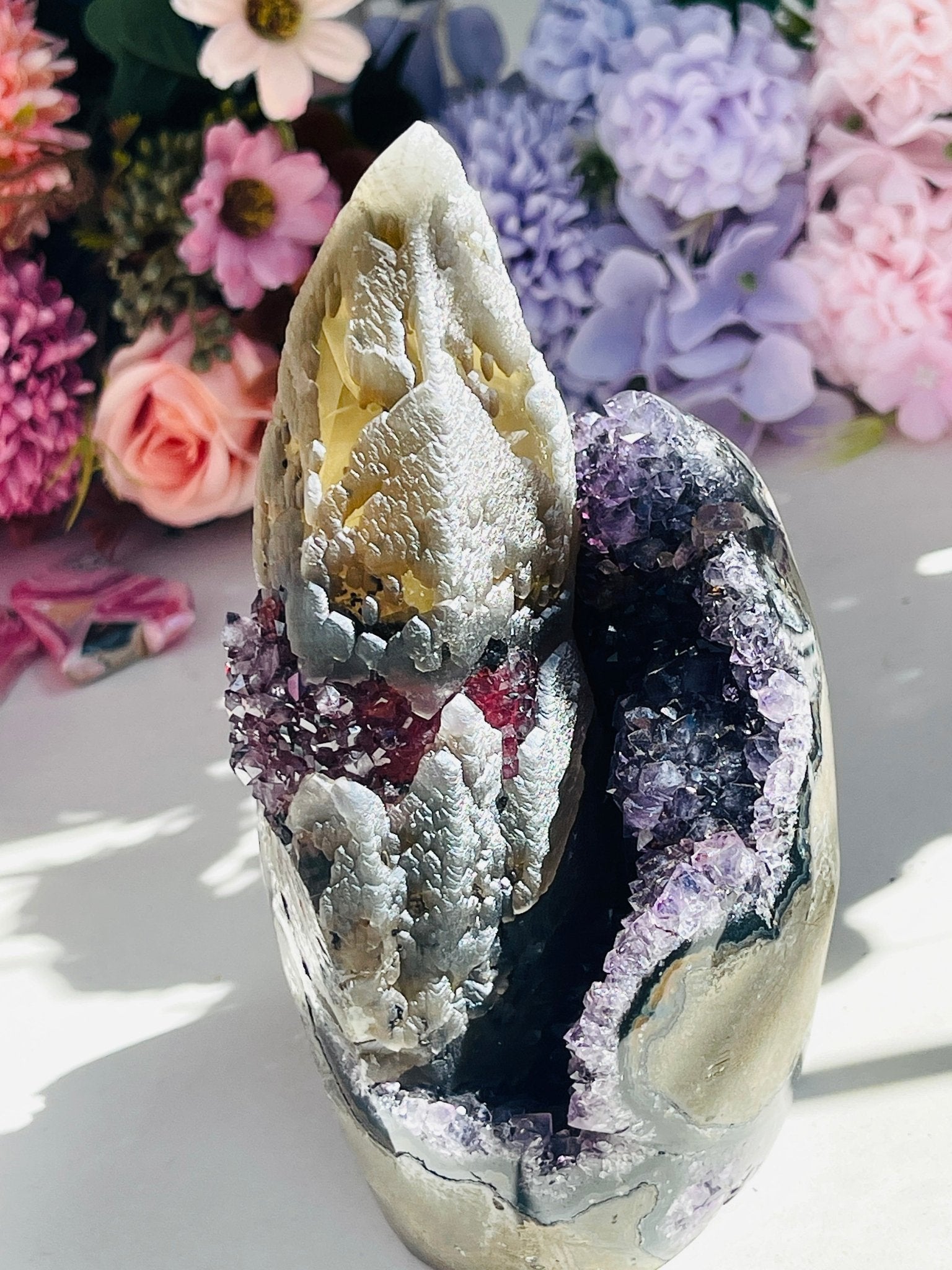 Amethyst Specimen with Central Calcite Tower & Red Druzy Band - Million Years Crystal