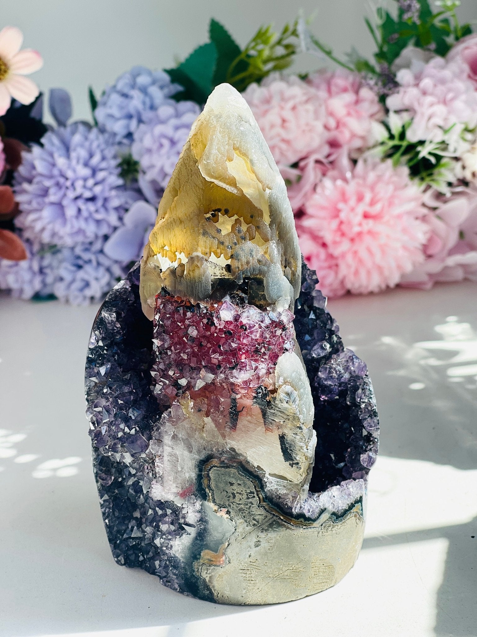 Amethyst Specimen with Central Calcite Tower & Red Druzy Band - Million Years Crystal