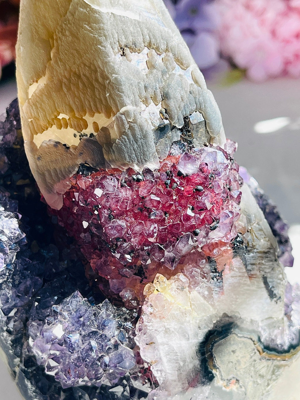 Amethyst Specimen with Central Calcite Tower & Red Druzy Band - Million Years Crystal