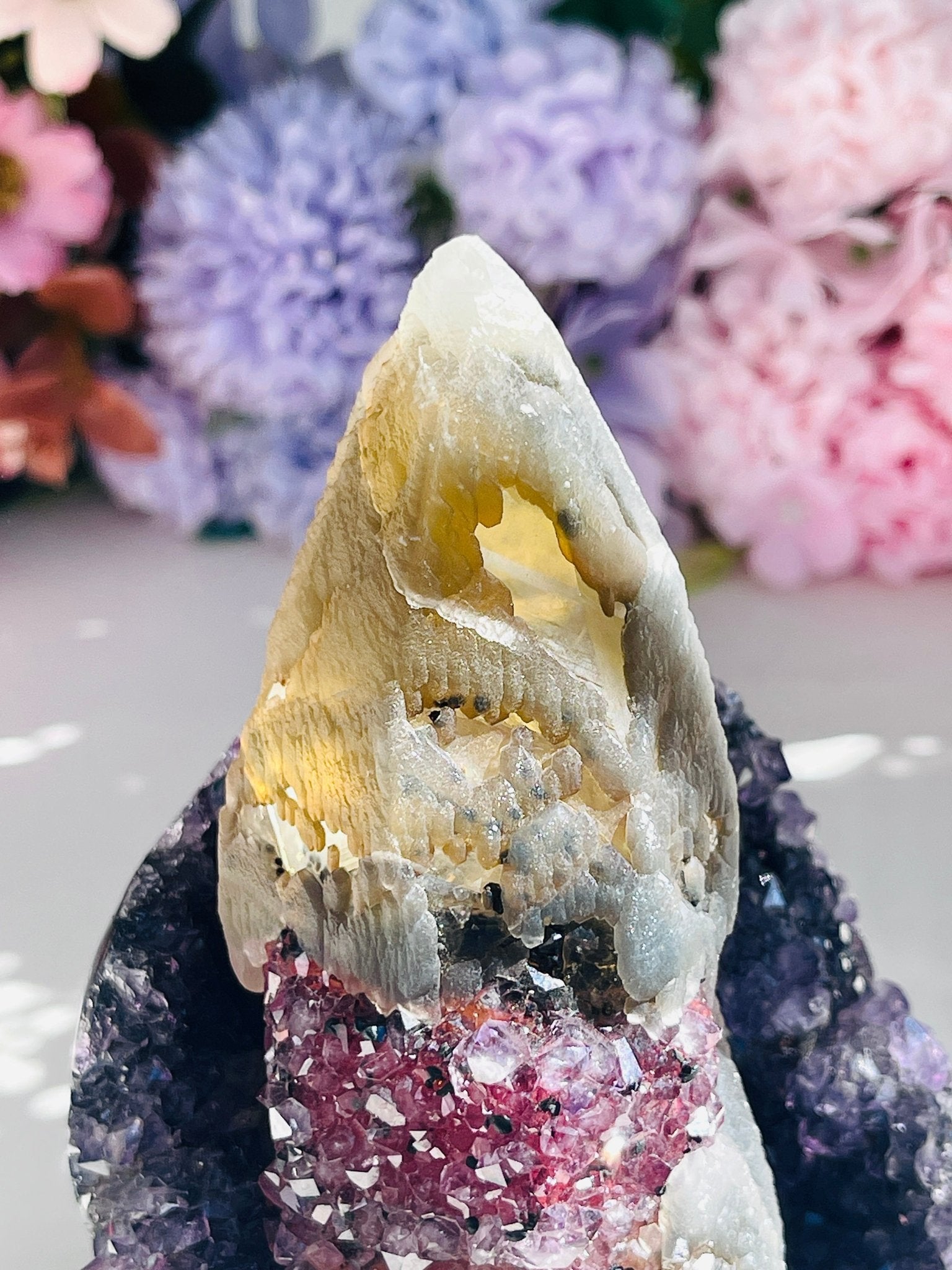 Amethyst Specimen with Central Calcite Tower & Red Druzy Band - Million Years Crystal