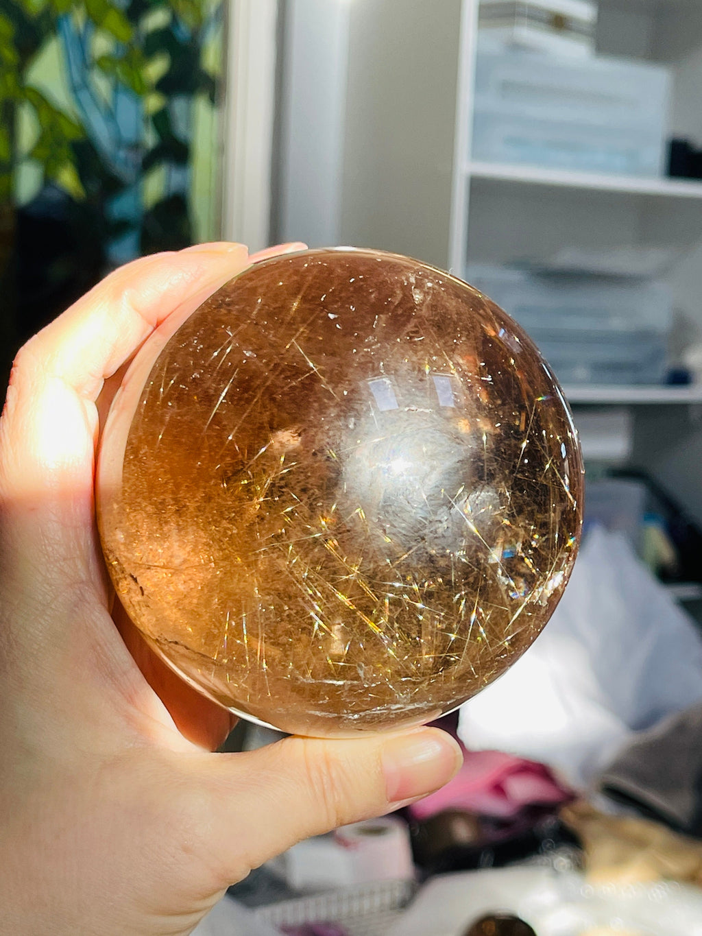 Natural Rutilated Smoky Quartz Sphere, High Grade Golden Rutile Rutilated Smokey Quartz with Phantoms , Rare Crystals, Crystal Gift