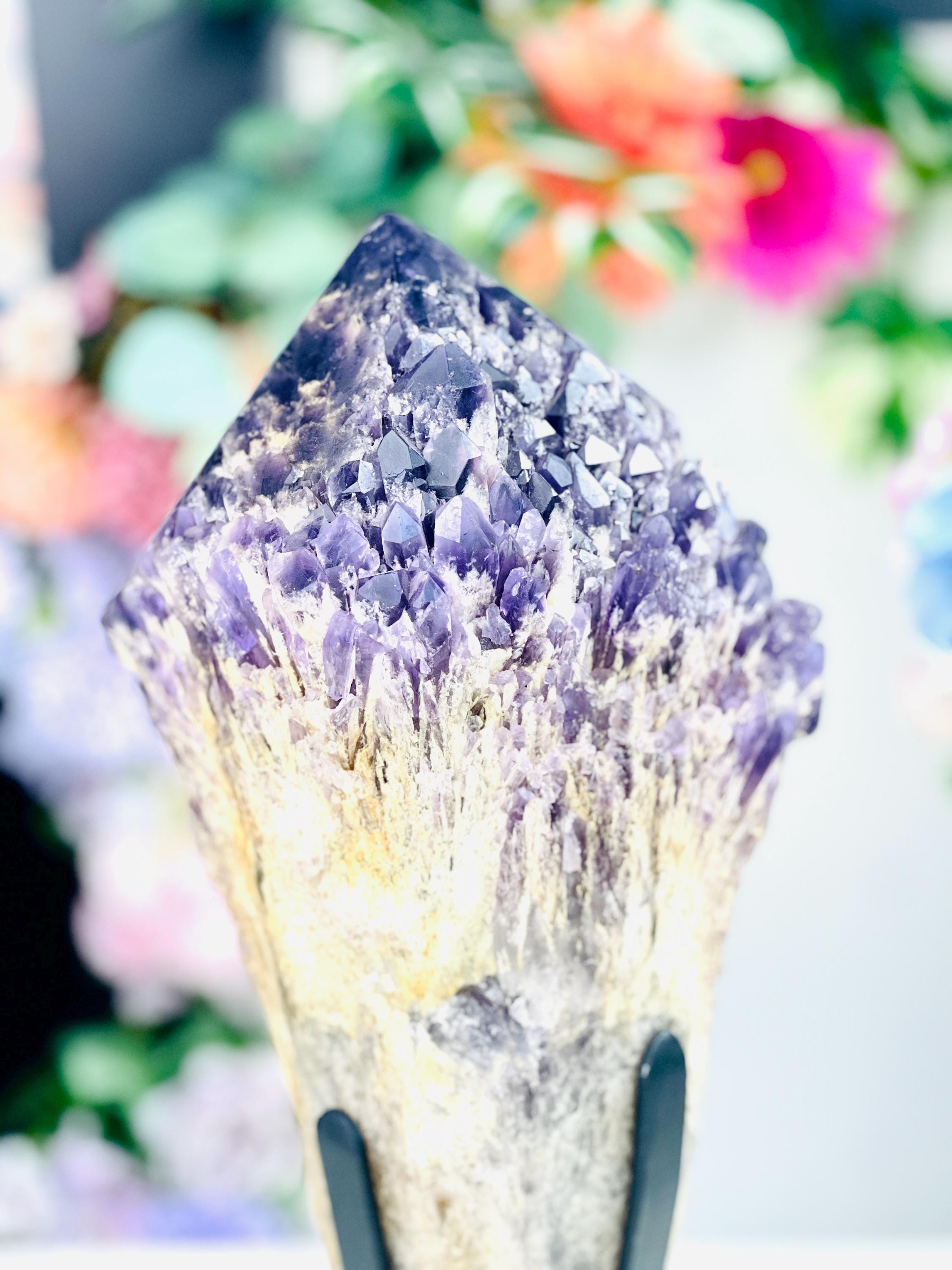 XXL Natural Raw Elestial Amethyst on Stand, Amethystt Cluster, Amethyst Point, Amethyst Root, Elestial Amthyst