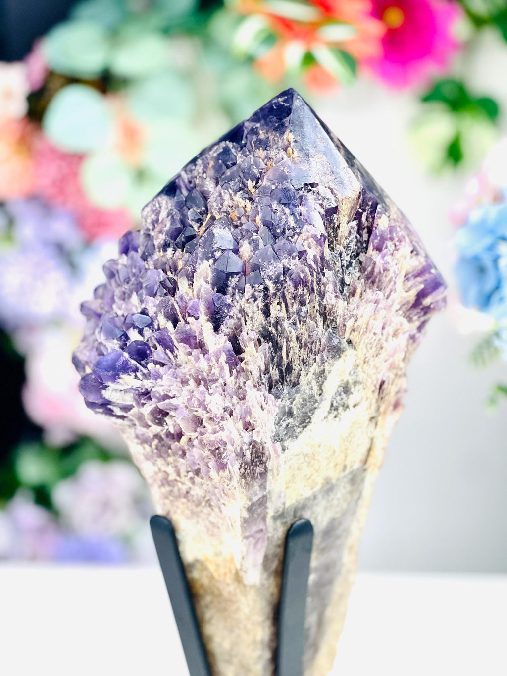 XXL Natural Raw Elestial Amethyst on Stand, Amethystt Cluster, Amethyst Point, Amethyst Root, Elestial Amthyst