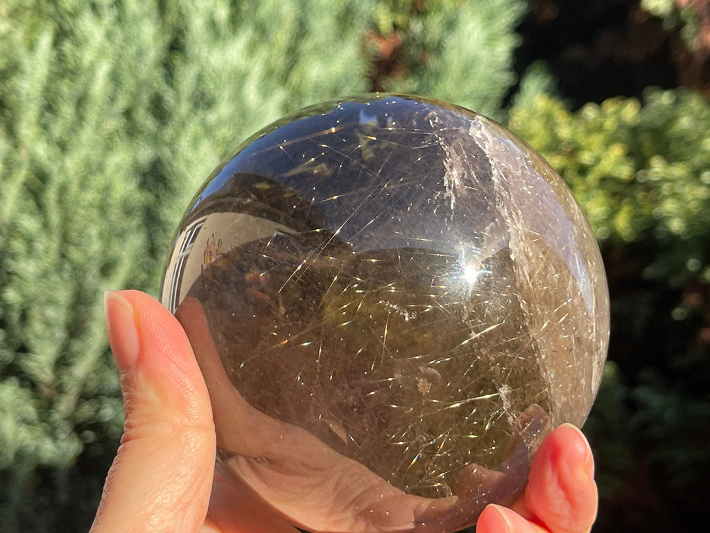 Natural Rutilated Smoky Quartz Sphere, High Grade Golden Rutile Rutilated Smokey Quartz with Phantoms , Rare Crystals, Crystal Gift