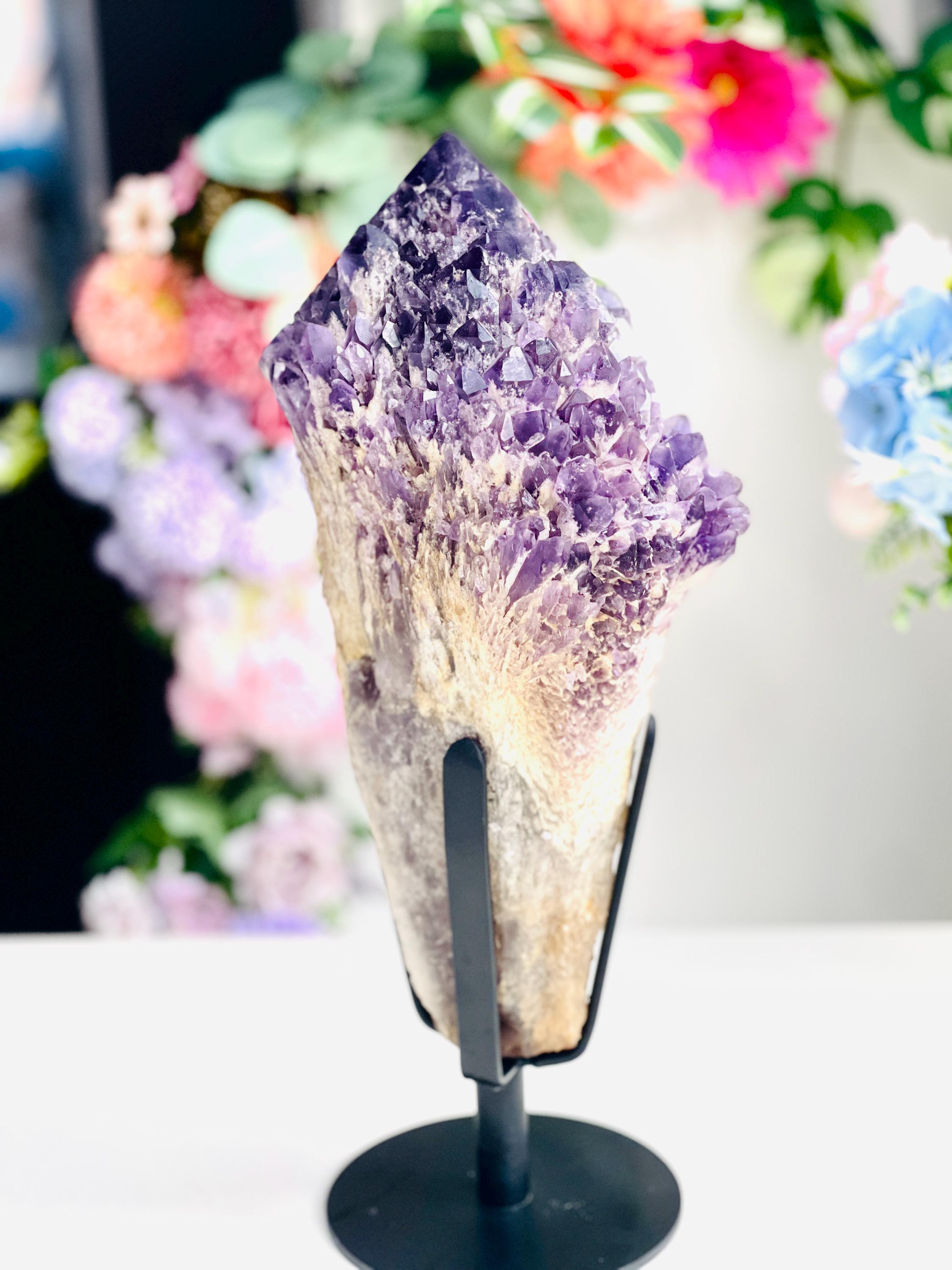 XXL Natural Raw Elestial Amethyst on Stand, Amethystt Cluster, Amethyst Point, Amethyst Root, Elestial Amthyst
