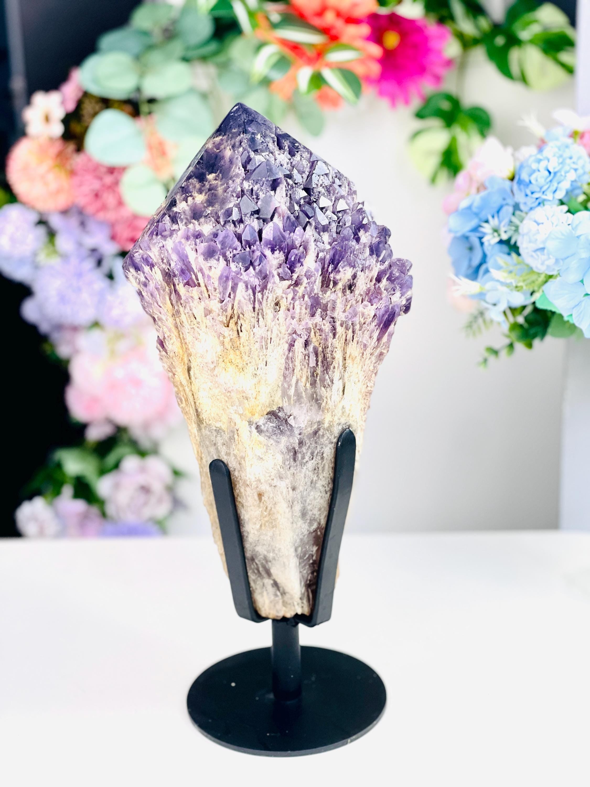 XXL Natural Raw Elestial Amethyst on Stand, Amethystt Cluster, Amethyst Point, Amethyst Root, Elestial Amthyst