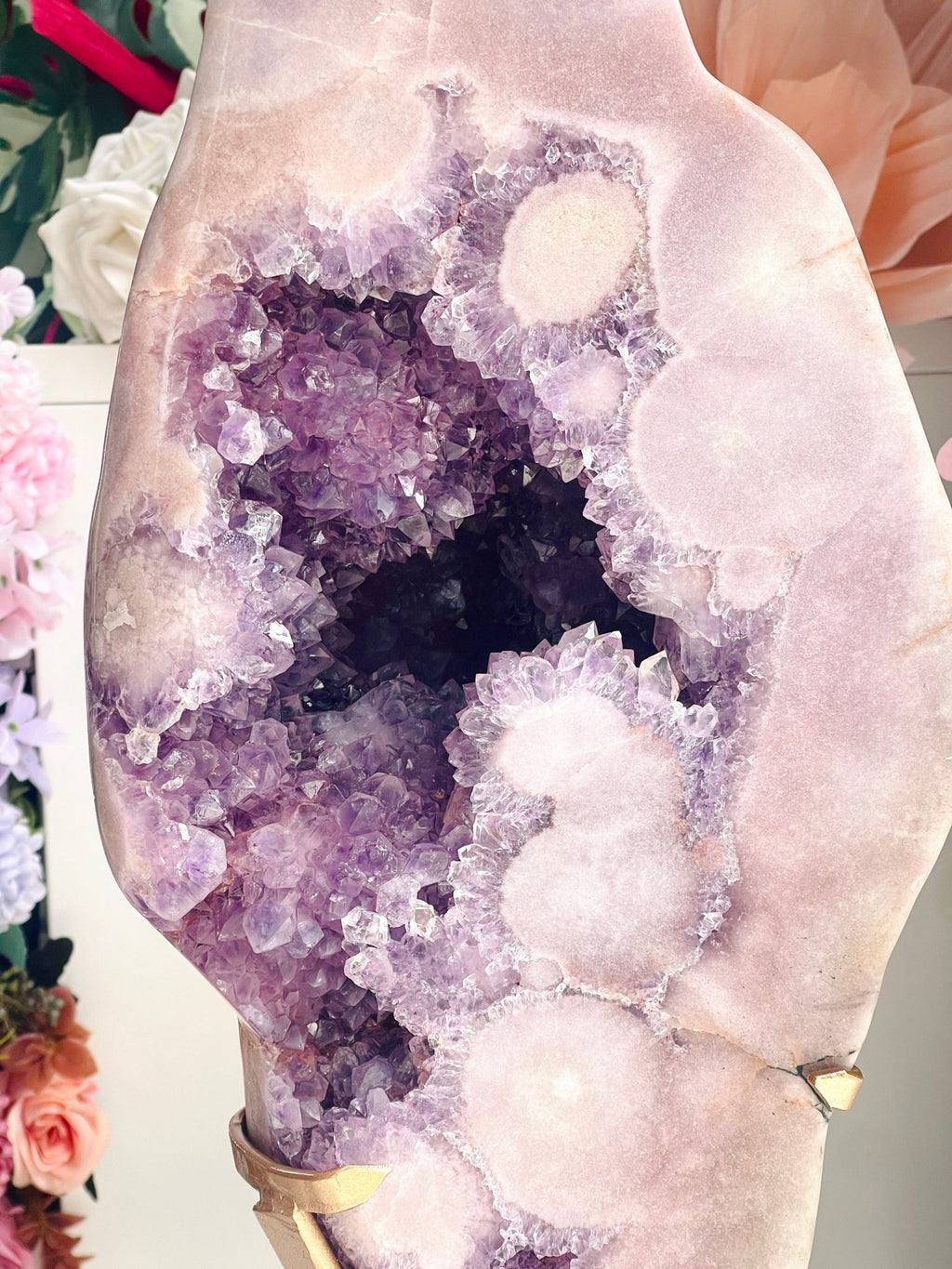 Extra-Large Pink Amethyst Freeform with Deep Purple Druzy | Display Piece on Brass Stand - Million Years Crystal