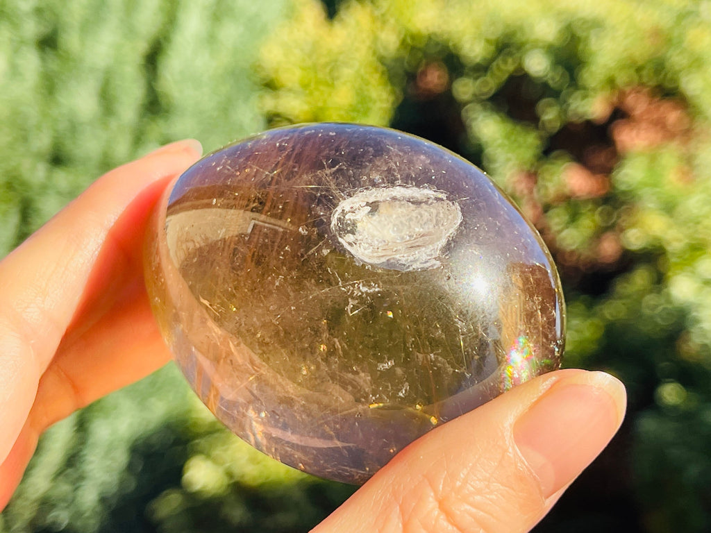 Natural Rutilated Smoky Quartz Egg, High Grade Golden Rutile Rutilated Smokey Quartz with Phantoms and Rainbows, Rare Crystals, Crystal Gift