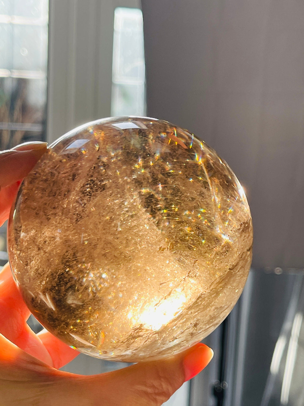 Natural Rutilated Smoky Quartz Sphere, High Grade Golden Rutile Rutilated Smokey Quartz with Phantoms , Rare Crystals, Crystal Gift