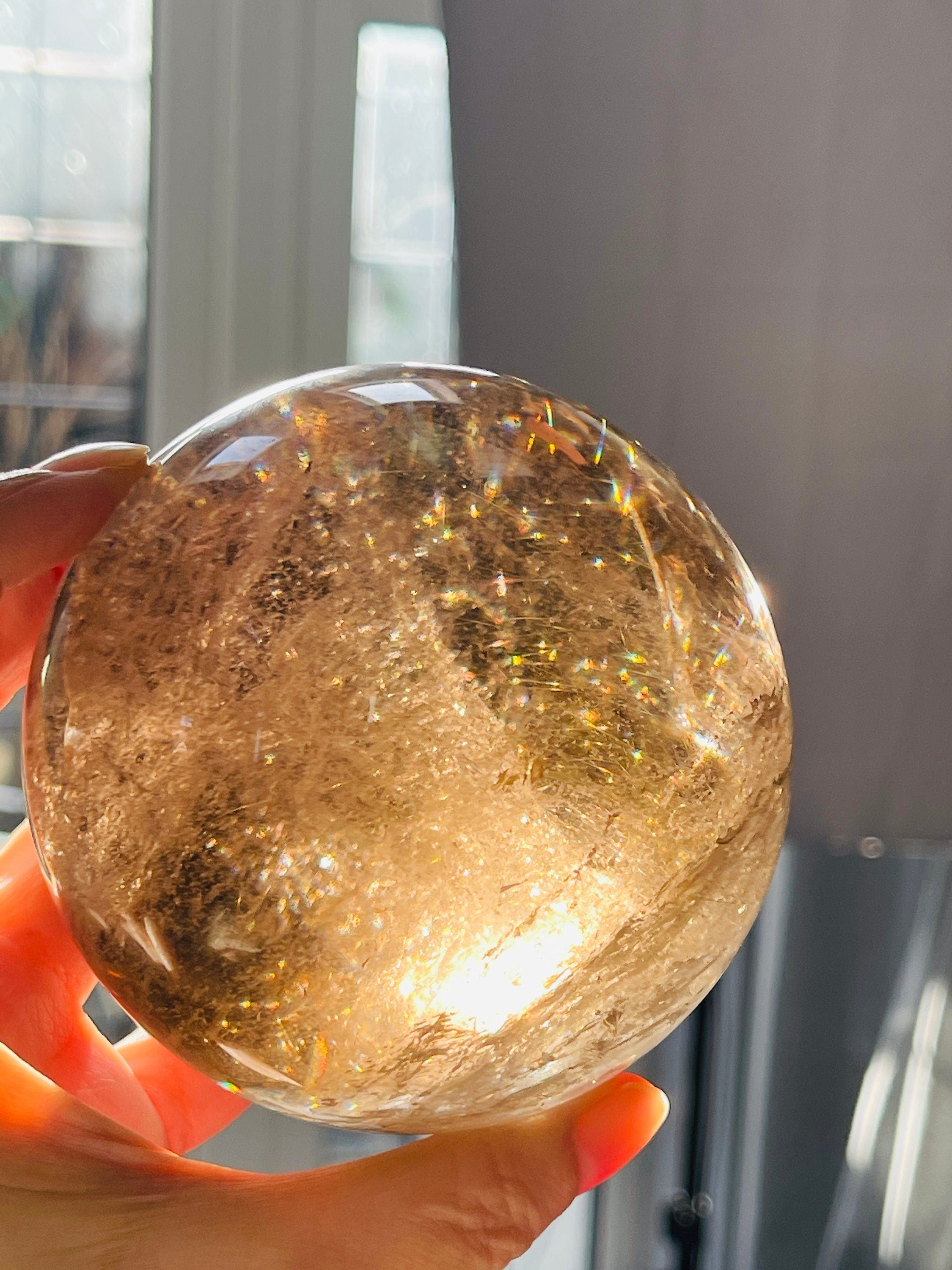 Natural Rutilated Smoky Quartz Sphere, High Grade Golden Rutile Rutilated Smokey Quartz with Phantoms , Rare Crystals, Crystal Gift