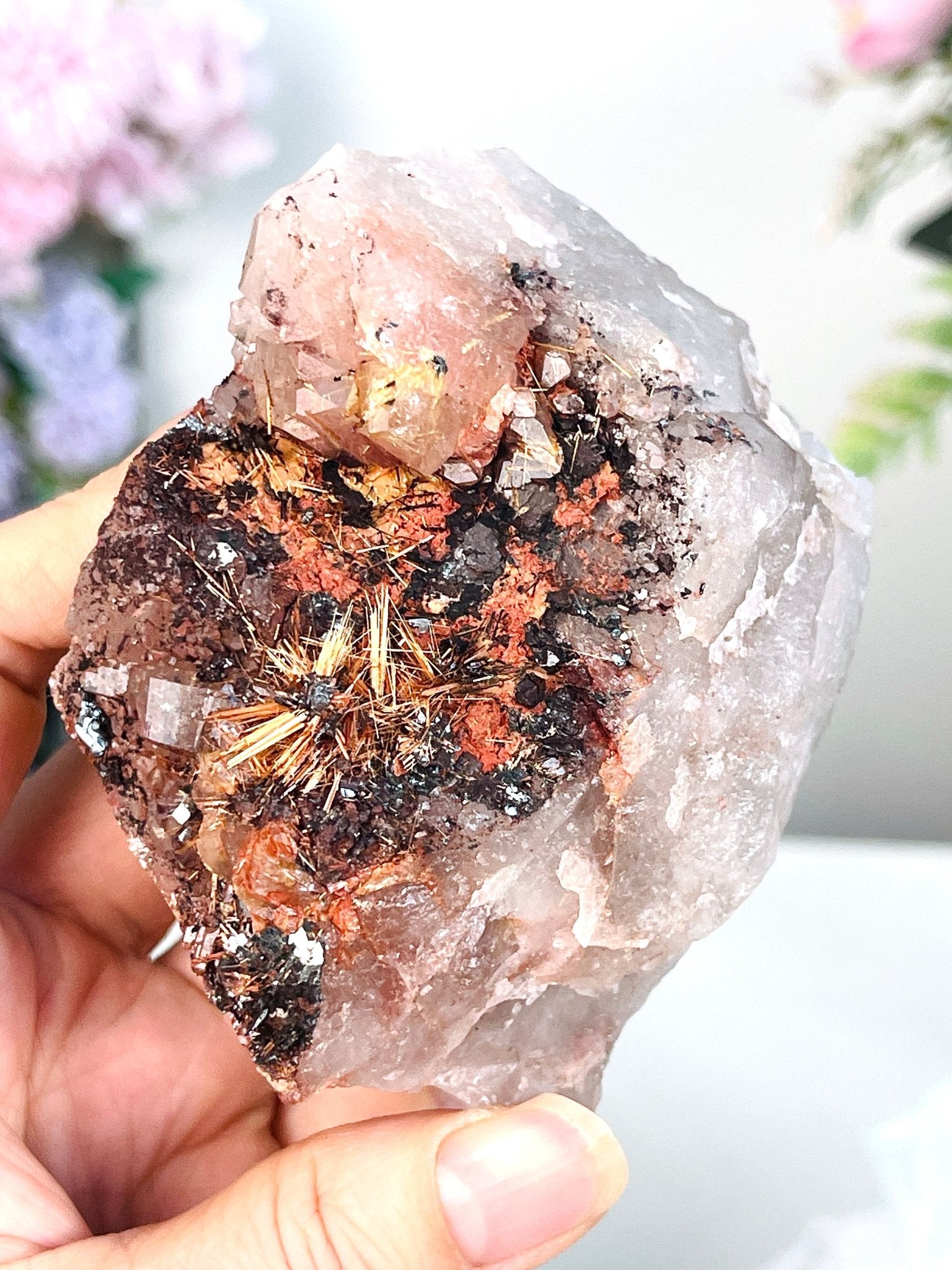 Golden Rutile with Hematite on Quartz - Million Years Crystal