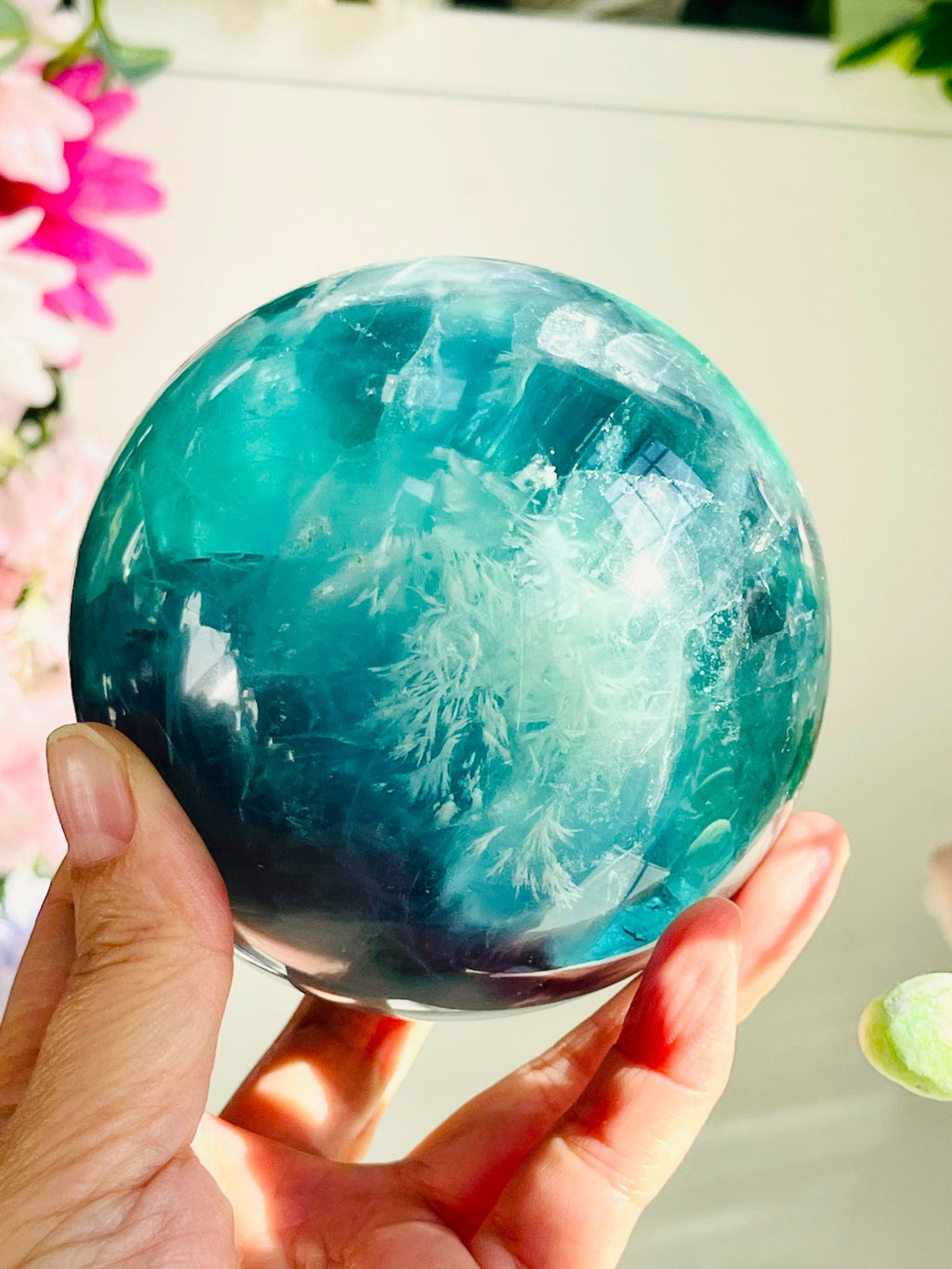 Green Fluorite Crystal Sphere: Green & Purple Healing Crystal (92mm, 1.3kg) - Million Years Crystal