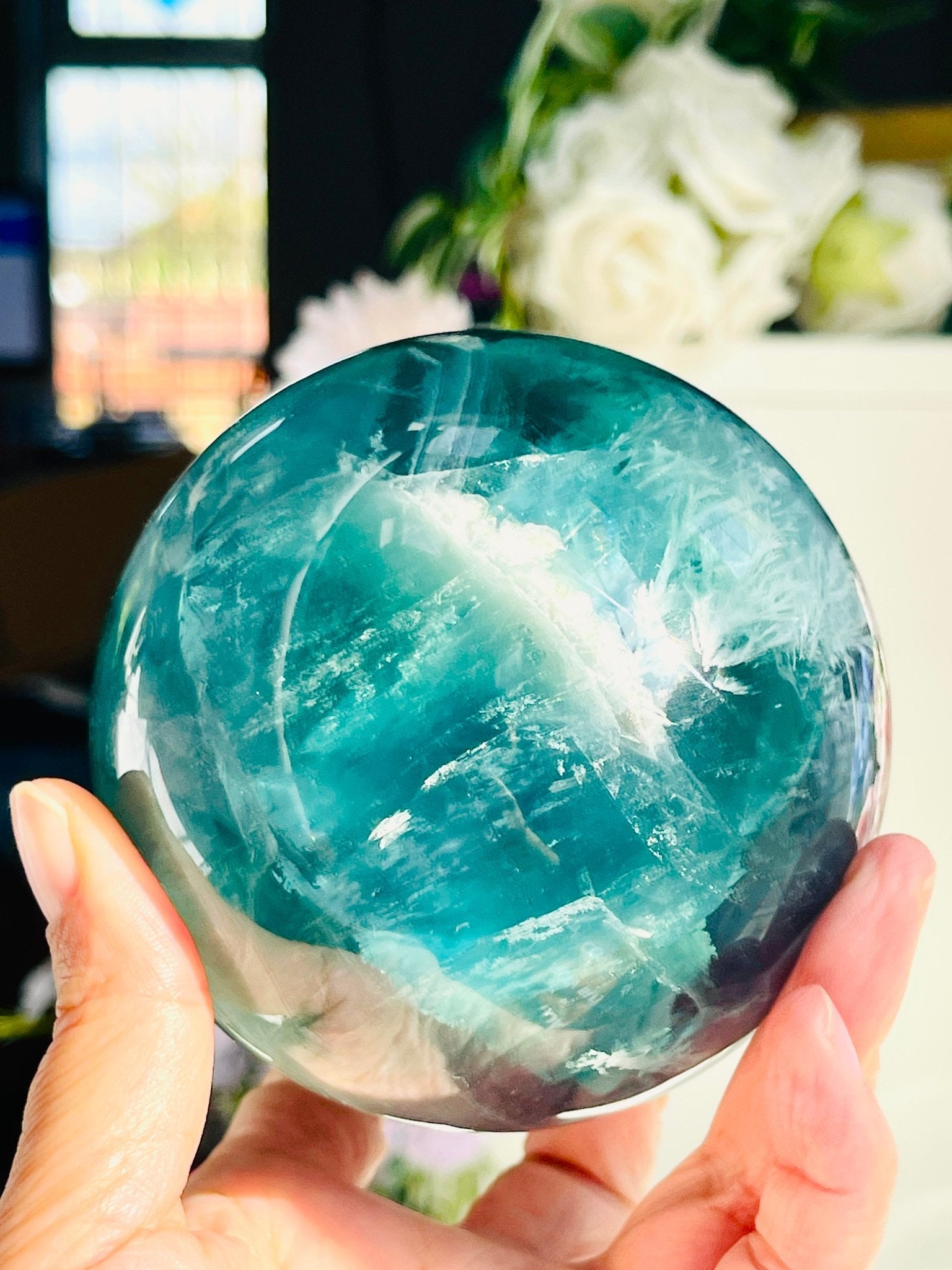 Green Fluorite Crystal Sphere: Green & Purple Healing Crystal (92mm, 1.3kg) - Million Years Crystal