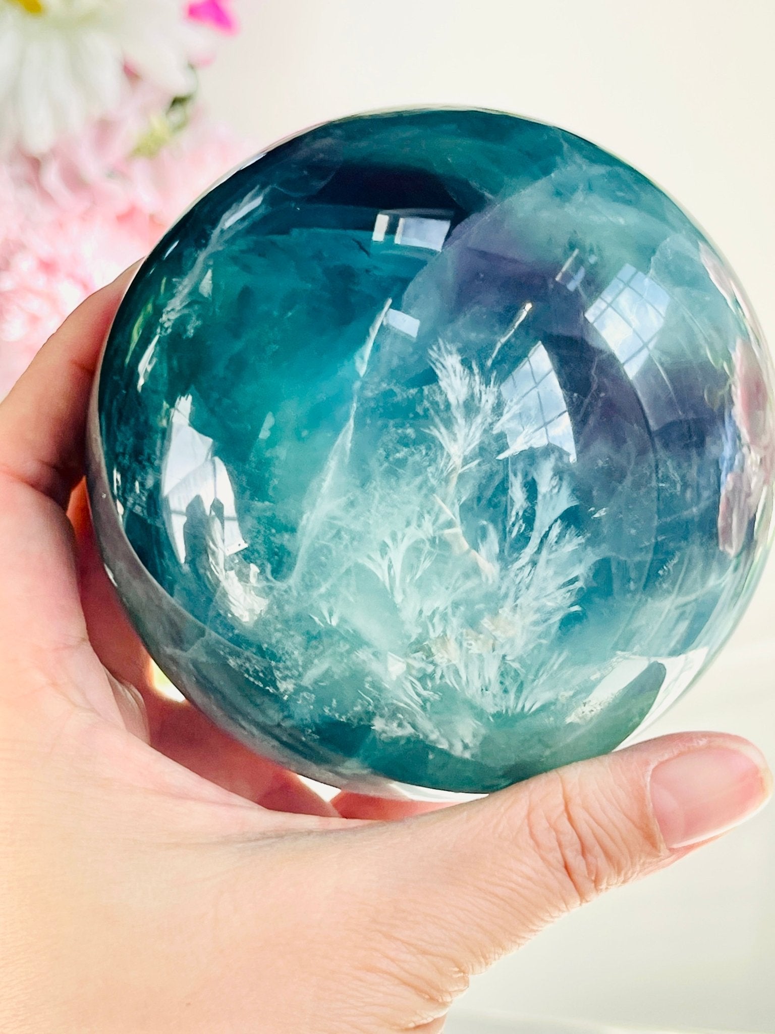 Green Fluorite Crystal Sphere: Green & Purple Healing Crystal (92mm, 1.3kg) - Million Years Crystal