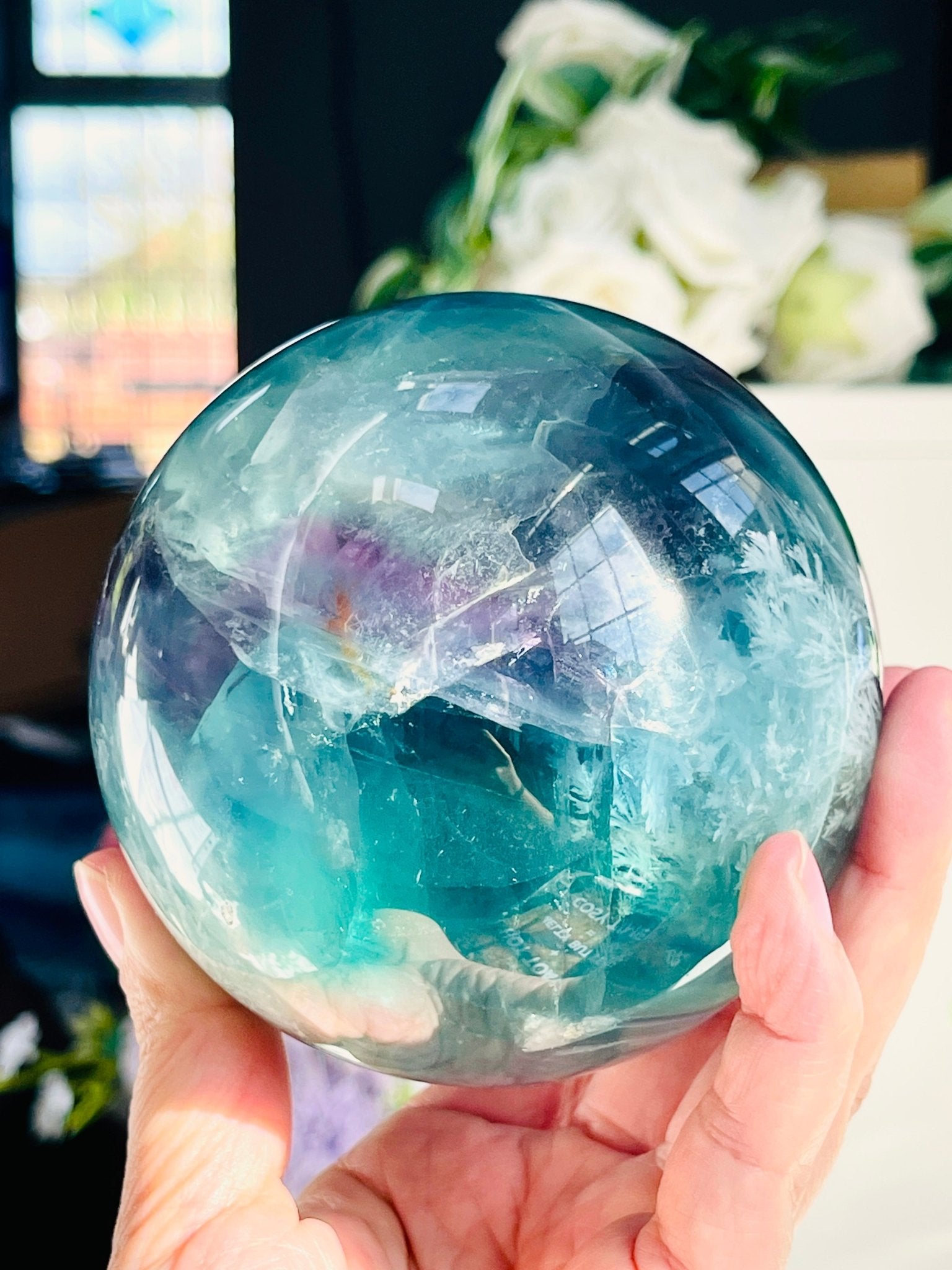 Green Fluorite Crystal Sphere: Green & Purple Healing Crystal (92mm, 1.3kg) - Million Years Crystal