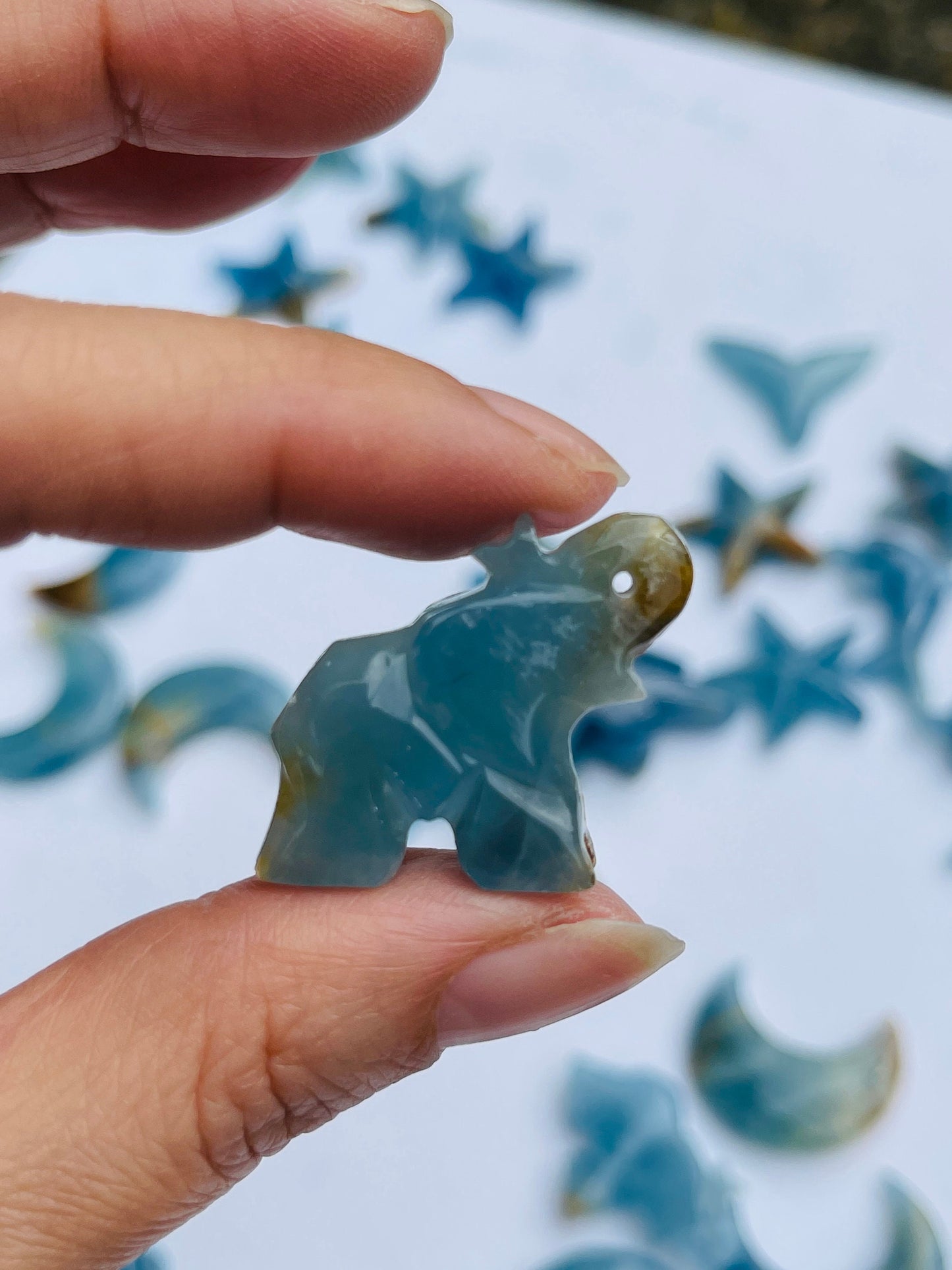 Lemurian Aquatine calcite moon, elephant, blue onyx star and whale tale , Rare Lemurian Aquatine  Calcite Crystal, Healing crystals