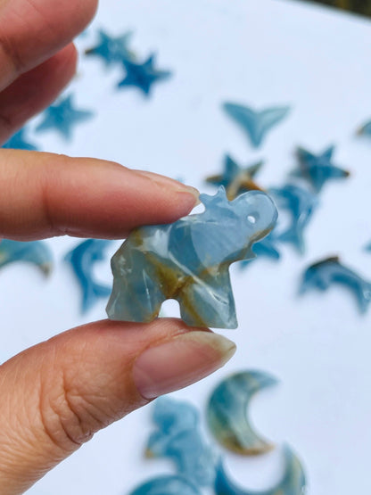 Lemurian Aquatine calcite moon, elephant, blue onyx star and whale tale , Rare Lemurian Aquatine  Calcite Crystal, Healing crystals