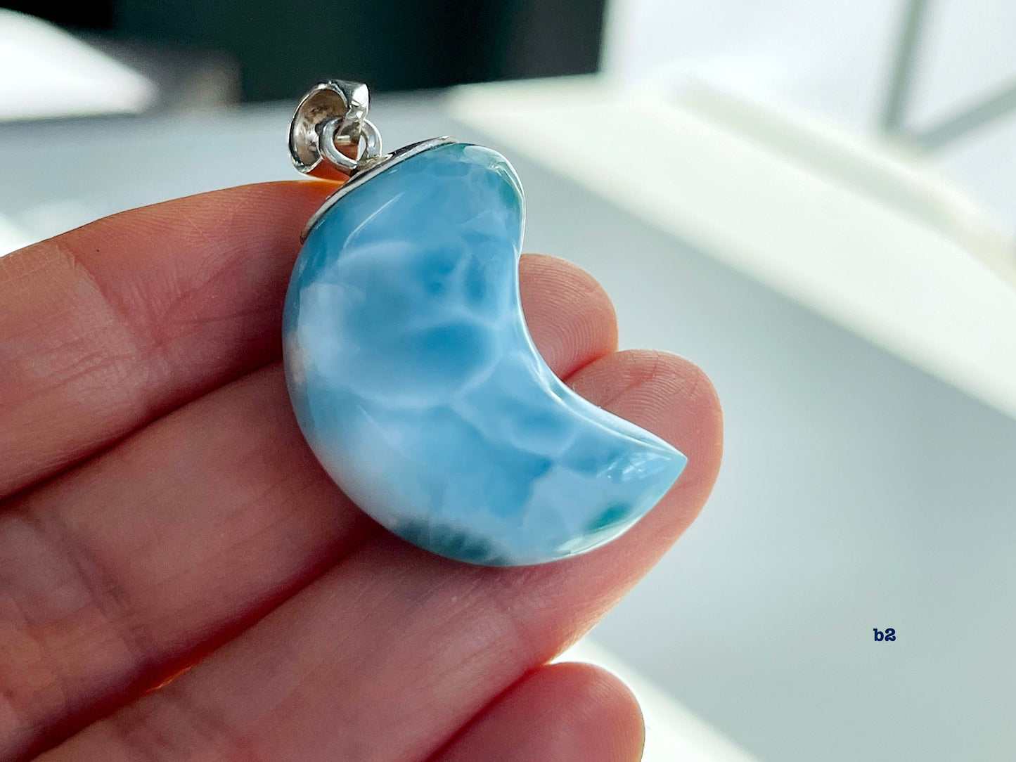 Larimar Moon Pendant, Large AAA+ Grade Natural Larimar Moon 925 Silver Pendant , High Quality Larimar, Larimar Jewellery DIY, Crystal Gift