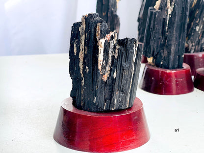 Amazing Rough Black Tourmaline with Mica, Large Black Tourmaline on Wooden base , Raw Mineral Specimen, Stone for Protection