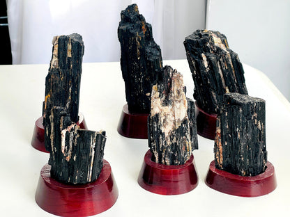 Amazing Rough Black Tourmaline with Mica, Large Black Tourmaline on Wooden base , Raw Mineral Specimen, Stone for Protection