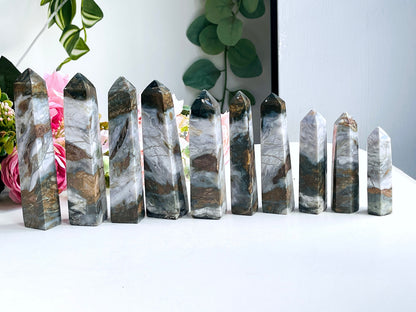 Galaxy Purple Chalcedony with Moss Agate Tower, Smooth Moss Chalcedony Obelisk, Chalcedony Point - Meditation Stone