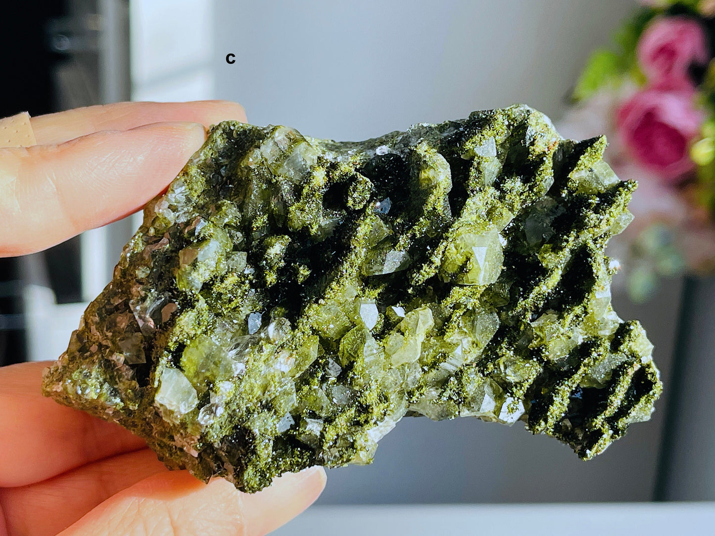 Super Sparkly Forest Epidote with Quartz Specimen, Epidote Specimen, Crystal Gift, Mineral Collection- 6