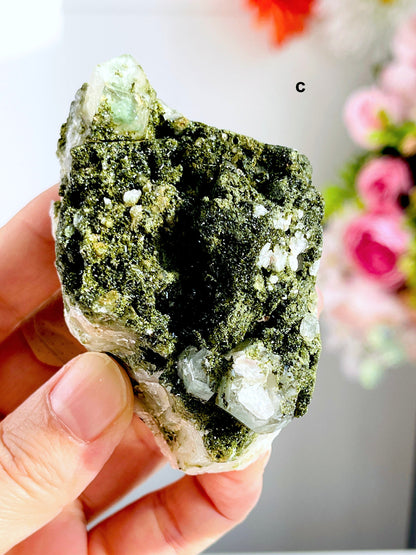 Forest Epidote, Super Sparkly Forest Epidote with Quartz Specimen, Epidote Specimen, Crystal Gift, Mineral Collection- 7