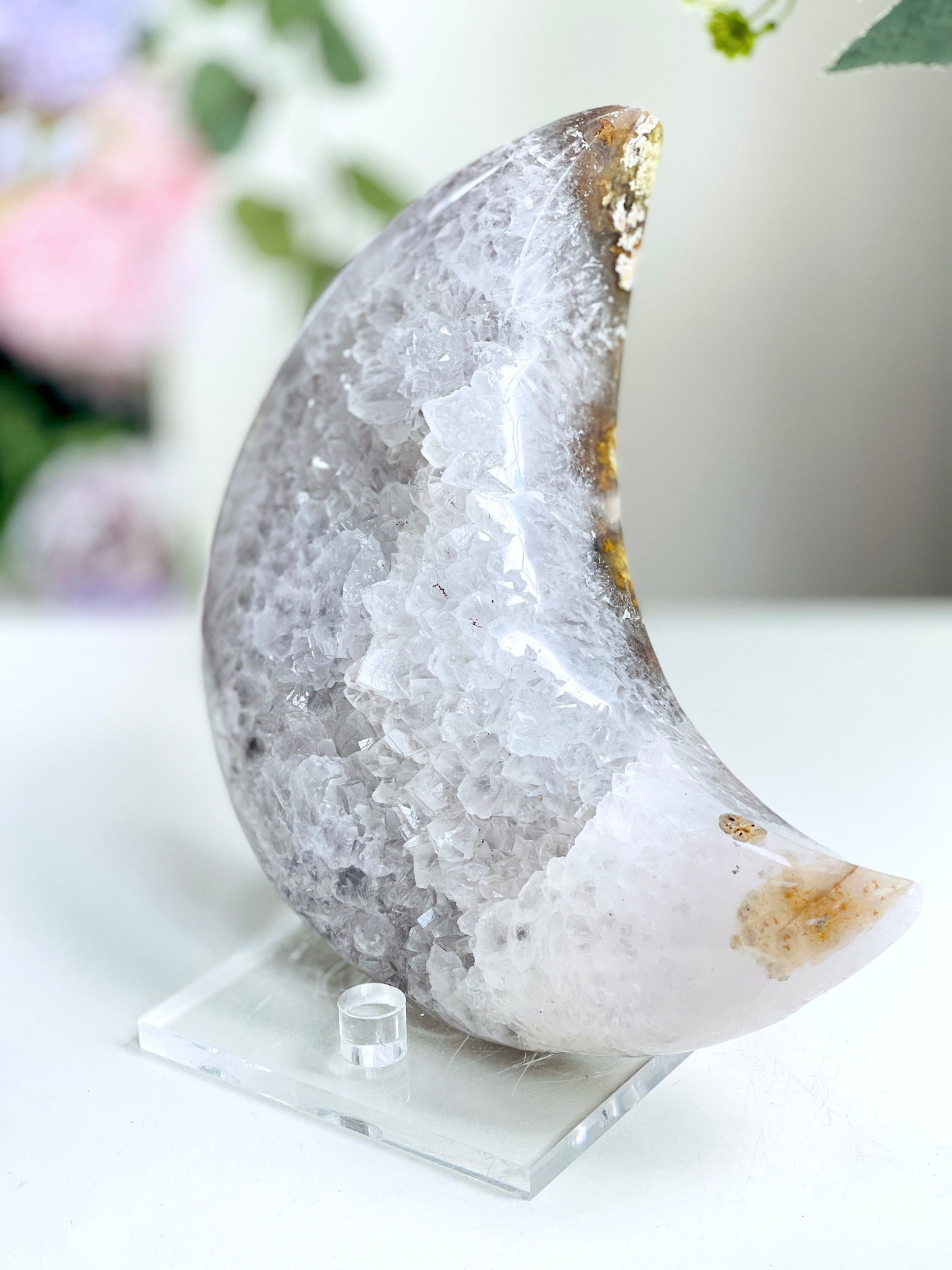 Druzy Agate Crescent Moon with Quartz