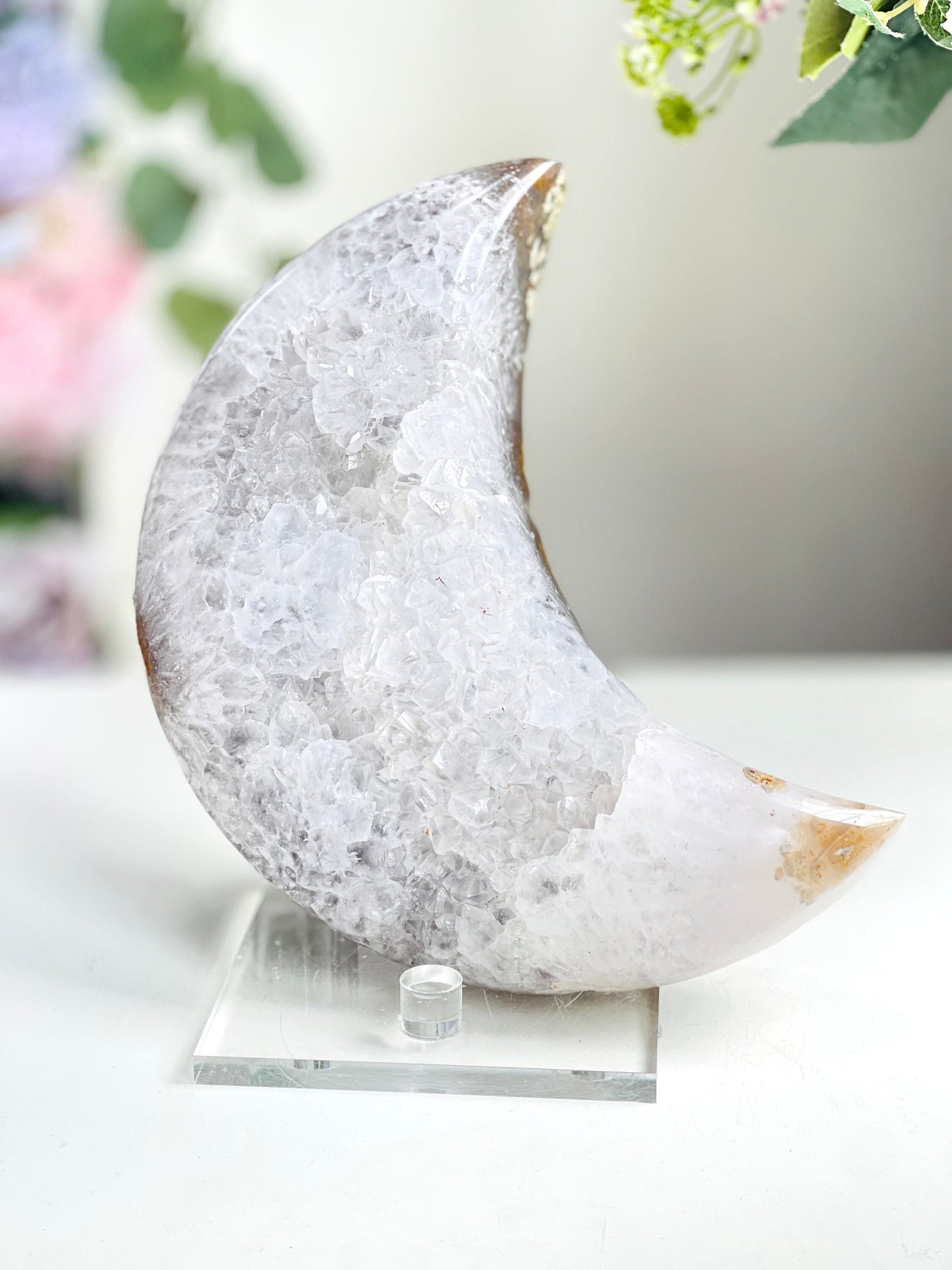 Druzy Agate Crescent Moon with Quartz