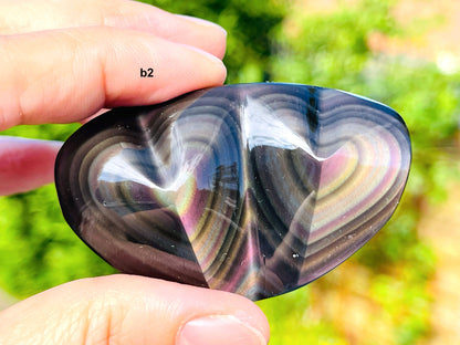 Rainbow Obsidian Double Heart, Handd Carved Mexican Rainbow Obsidian Crystal Double Heart ,Polished Obsidian Heart Stone A