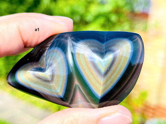 Rainbow Obsidian Double Heart, Handd Carved Mexican Rainbow Obsidian Crystal Double Heart ,Polished Obsidian Heart Stone A