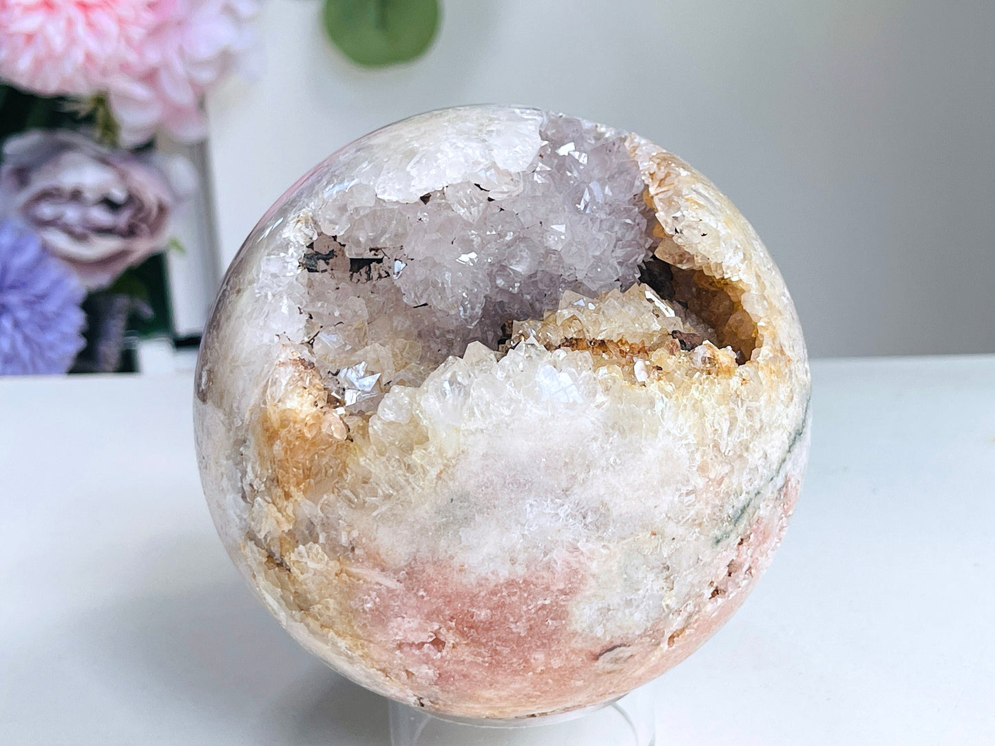 Pink Amethyst Sphere, 97mm Large Druzy  Pink Amethyst Crystal with Quartz,  Super Sparkling Pink Amethyst Geode Sphere